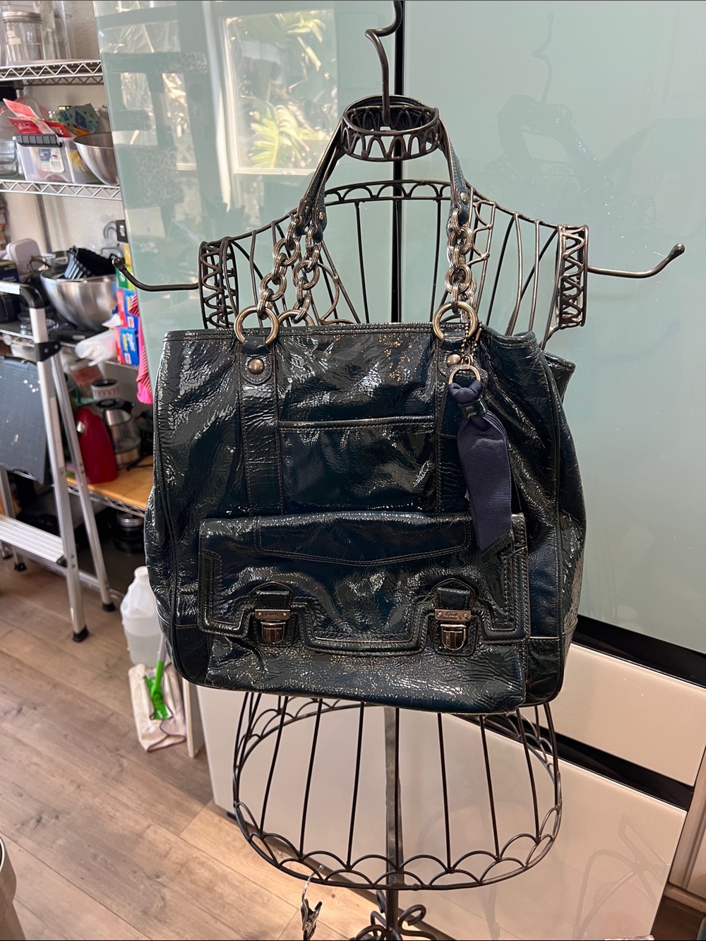 🔥 Rare NWOT Coach Poppy Patent Pushlock Tote Bag Navy Blue Y2K